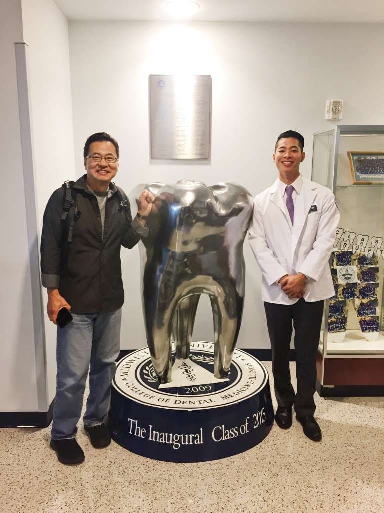 Dr. Wang and his father at dental school, a testament to their shared legacy in dental care