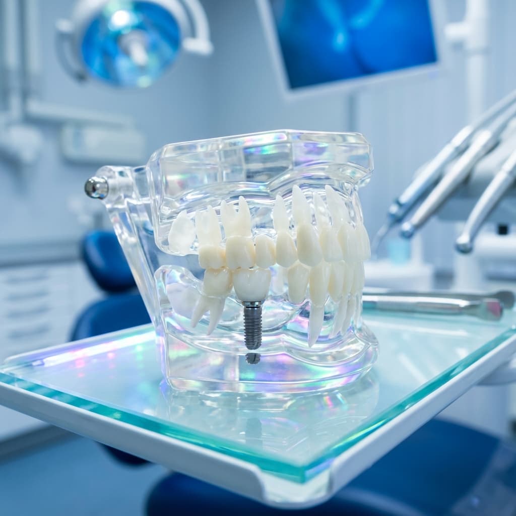 Close-up of a high-quality dental implant restoration, showcasing natural-looking results